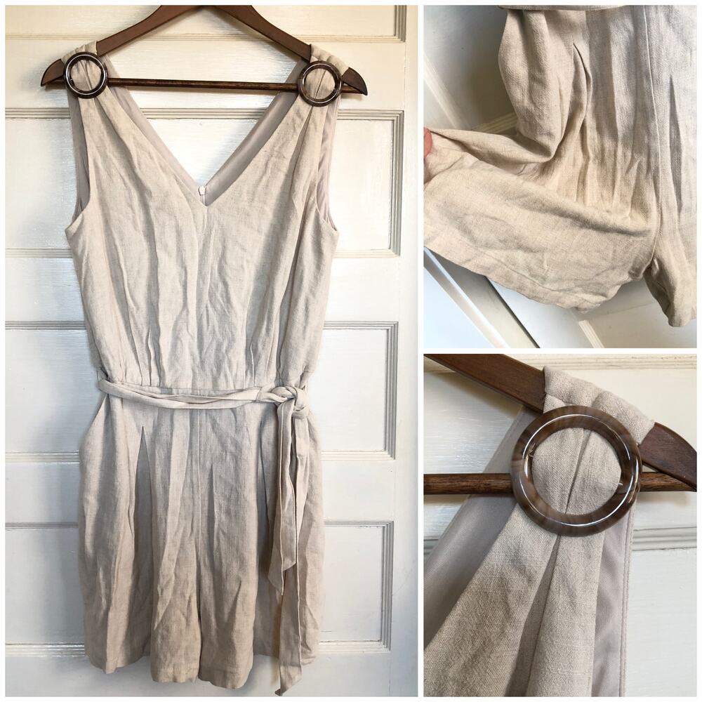 London Times Linen Blend Sleeveless Romper Tortoise Rings Belted M Quiet Luxury‎